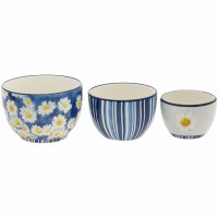 Set of Three White Daisy on Blue Cermaic Bowls