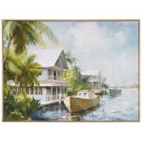 36" x 48" Boats and Houses With Palms Framed Coastal Canvas