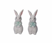 4" White Bunny With Green Bow Ceramic Salt & Pepper Shakers