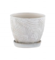 6" White Frond Ceramic Pot With Saucer