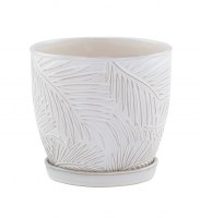 7" White Frond Ceramic Pot With Saucer