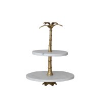 16" Gold and White Marble Palm Two Tier Server