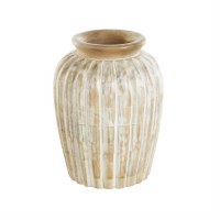 11" White Wash Ribbed Wood Vase