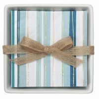 5.75" Sq Beverage Napkin Holder With Blue Stripe Napkins