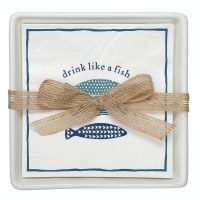 5.75" Sq Beverage Napkin Holder With "Drink Like A Fish" Napkins