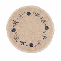 15" Round Navy and Beige Shell Fringe Coastal Placemat