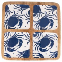 12" Sq Blue Crab Four Compartment Wood Tray