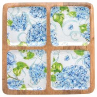 12" Sq Blue Hydrangea Four Compartment Wood Tray