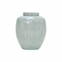 10" Light Blue and Beige Ceramic Jar With Lid