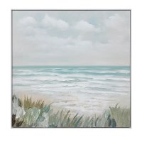 39" Sq Green Grass Beach Framed Coastal Canvas