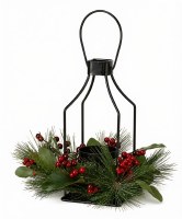 13" Faux Pine Mix With Berries Lantern Centerpiece