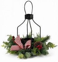 13" Faux Pine Mix With a Ribbon Lantern Centerpiece