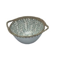 14" Round Green and White Leaf Capiz Bowl