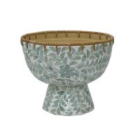 9" Round Green and White Leaf Capiz Pedestal Bowl
