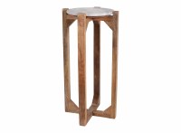 12" Round Gray Marble Brown Wood Leg End Table