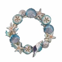 22" Round Silver and Blue Shell Wreath Coastal Metal Wall Art MM353