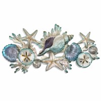 52" Silver and Blue Shells With Starfish Coastal Metal Wall Art Plaque MM352