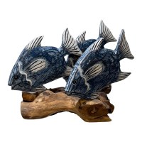 10" Navy and White Three Fish on Driftwood Base