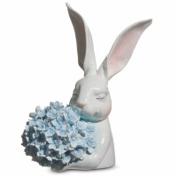 10" Polyresin White Bunny With Blue Hydrangea