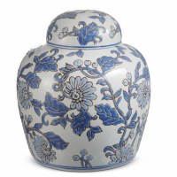 9.5" Blue and White Flower Vine Ceramic Jar