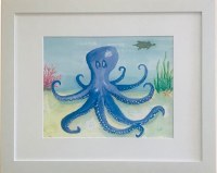 18" x 22" Blue Octopus and Swimming Turtle White Framed Wall Art Under Glass