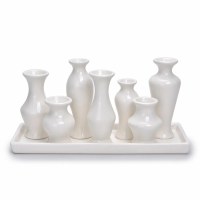 4.4" x 12" White Ceramic Tray With Seven Vases