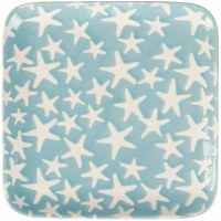 8" Sq Blue and White Starfish Ceramic Plate