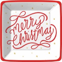 Pack of Eight 7" Sq Red "Merry Christmas" Plates