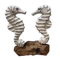 9" Distressed White Two Seahorses on Driftwood Base