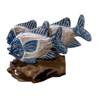 8" Whitewash Blue Three Fish on Driftwood Base
