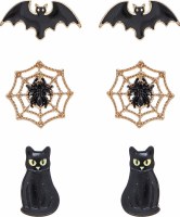 Set of Three Gold Toned Black Cat, Spider Web, and Bat Earrings