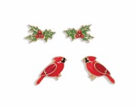 Set of Two Gold Toned Cardinal and Holly Christmas Earrings