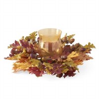 18" Round Faux Fall Leaves With Glass Hurricane Centerpiece