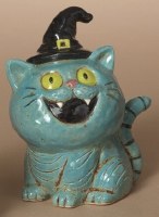 6" Turquoise Cat Wearing a Hat Ceramic Figurine