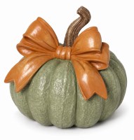6" Green Pumpkin With a Bow Polyresin Figurine