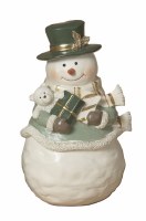 6.5" Polyresin Green and White Snowman With Bear