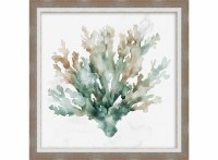 28" Sq Blue and Green Coral 1 Gel Textured Coastal Print in a Brown Wood Frame