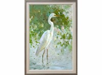41" x 29" White Egret in the Leaves 1 Gel Textured Coastal Print in a Tannish Blue Frame
