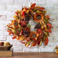 24" Round Faux Fall Leaves, Sunflowers, and Pinecones Wreath