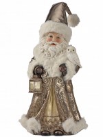 13" Distressed Gold Santa Holding a Owl on His Arm Polyresin Christmas Figurine