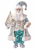 20" Silver and Aqua Santa Holding a Sailboat Coastal Christmas Statue