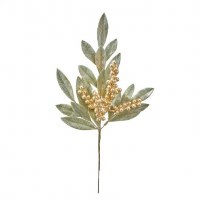 18" Faux Green and Gold Leaves and Berries Spray