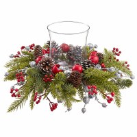18" Round Faux Red and Silver Berries and Pine With a Glass Hurricane Centerpiece