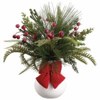 16" Faux Red Berries and Mixed Pine in a White Ceramic Vase