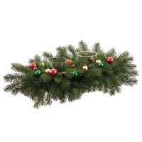 25" Faux Green Pine and Multicolor Ornaments With Two Glass Hurricanes Centerpiece