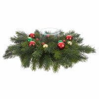 18" Round Faux Green Pine and Multicolor Ornaments With a Glass Hurricane Centerpiece