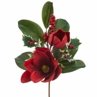 21" Faux Red Magnolia and Holly Spray