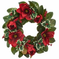 24" Faux Red Magnolia and Holly Wreath