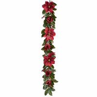 6' Faux Red Magnolia, Red Berries, and Holly Garland
