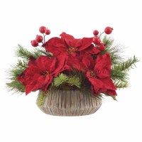 9" Faux Red Poinsettia and Pine in a Brown Pot